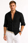 Sebastian | Męska lniana koszula oxford z podwiniętymi rękawami, casualowa koszula button-down | Rokishi | Czarny
