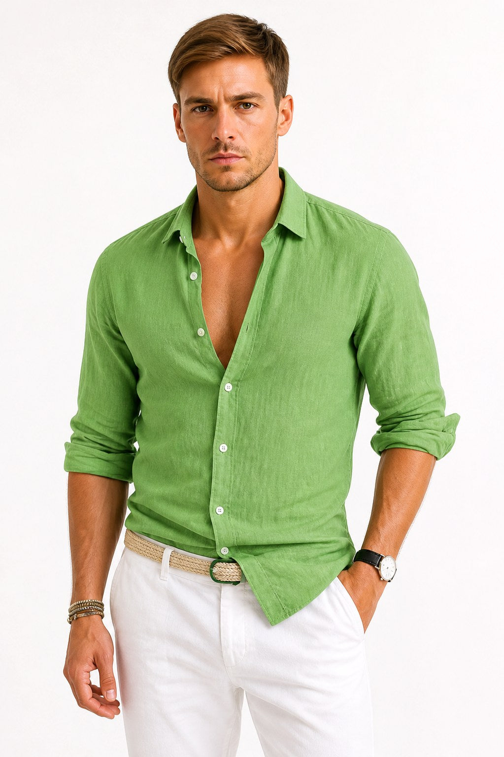 Sebastian | Męska lniana koszula oxford z podwiniętymi rękawami, casualowa koszula button-down | Rokishi | Szary