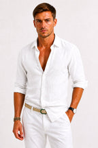 Sebastian | Męska lniana koszula oxford z podwiniętymi rękawami, casualowa koszula button-down | Rokishi | Szary