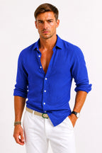 Sebastian | Męska lniana koszula oxford z podwiniętymi rękawami, casualowa koszula button-down | Rokishi | Czarny