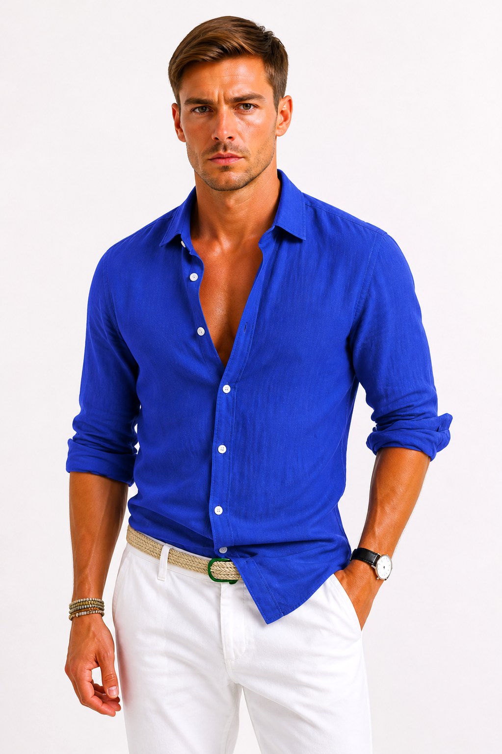 Sebastian | Męska lniana koszula oxford z podwiniętymi rękawami, casualowa koszula button-down | Rokishi | Czarny