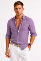 Sebastian | Męska lniana koszula oxford z podwiniętymi rękawami, casualowa koszula button-down | Rokishi | Czarny