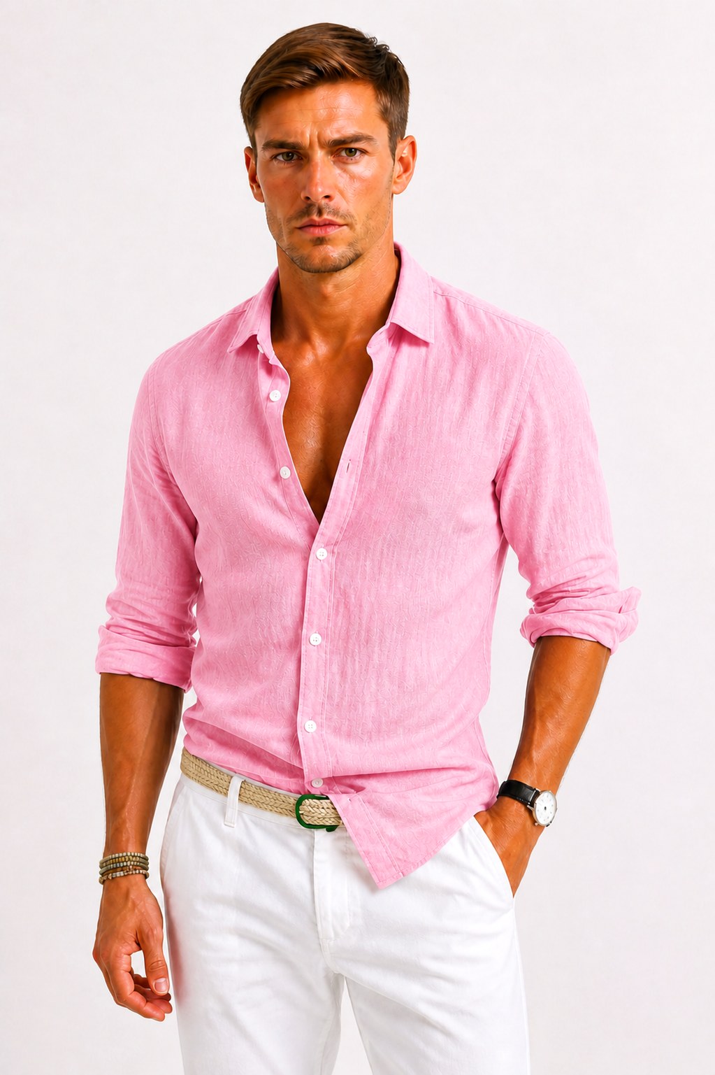 Sebastian | Męska lniana koszula oxford z podwiniętymi rękawami, casualowa koszula button-down | Rokishi | Szary