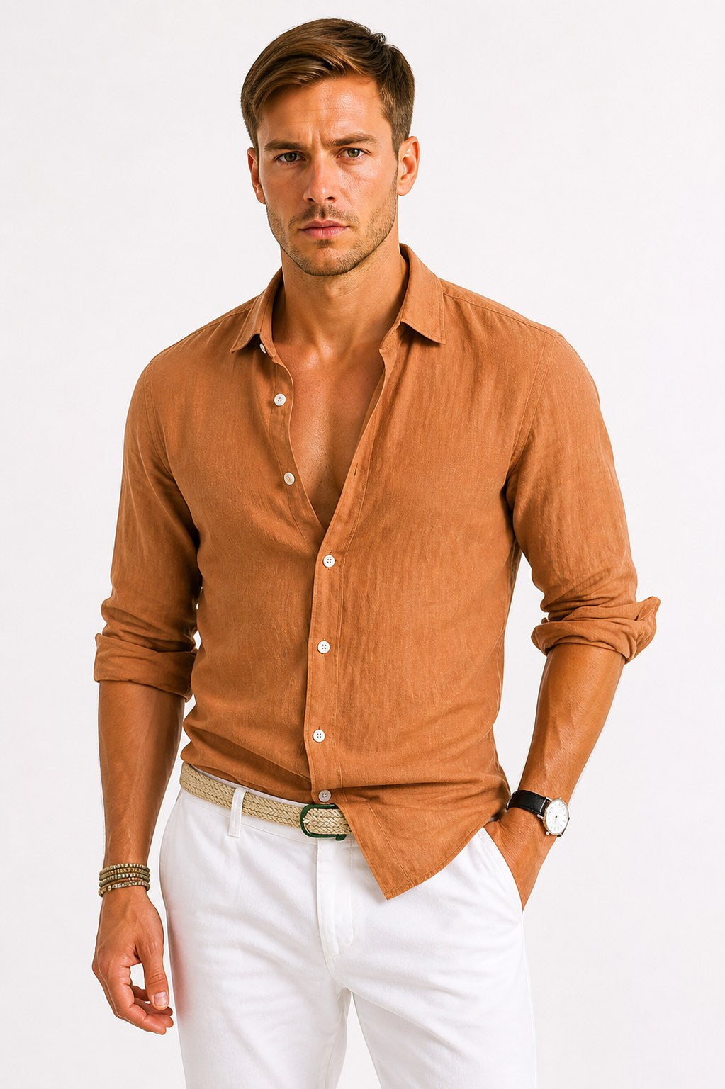 Sebastian | Męska lniana koszula oxford z podwiniętymi rękawami, casualowa koszula button-down | Rokishi | Szary