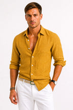 Sebastian | Męska lniana koszula oxford z podwiniętymi rękawami, casualowa koszula button-down | Rokishi | Szary