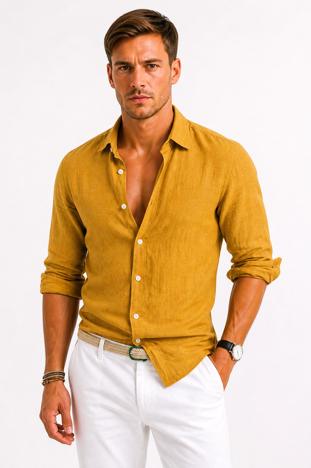 Sebastian | Męska lniana koszula oxford z podwiniętymi rękawami, casualowa koszula button-down | Rokishi | Szary