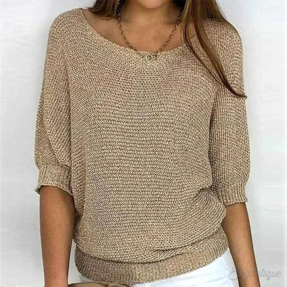 Natalia | Damski sweter z dekoltem w V i krótszymi rękawami, lekki sweter z dzianiny | Rokishi | Beżowy