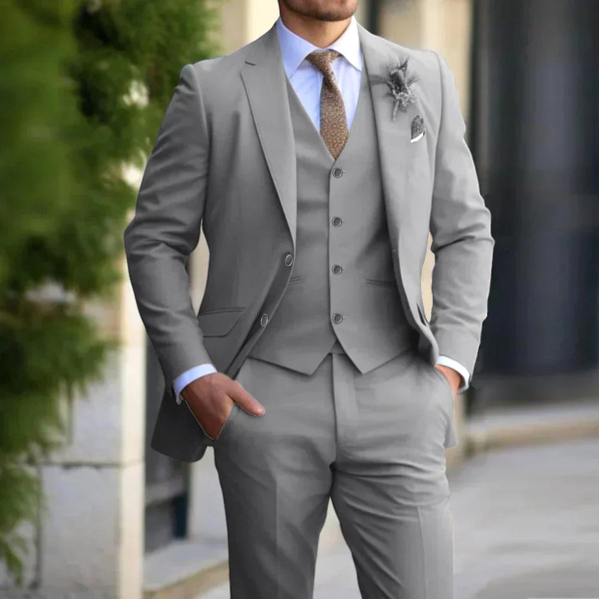 Stefan | Męski garnitur slim fit z kamizelką, garnitur trzyczęściowy | Rokishi | Beżowy