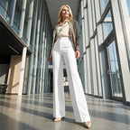 Wiktoria | Damskie szerokie spodnie z wysokim stanem, eleganckie dopasowane spodnie | Rokishi | Biały