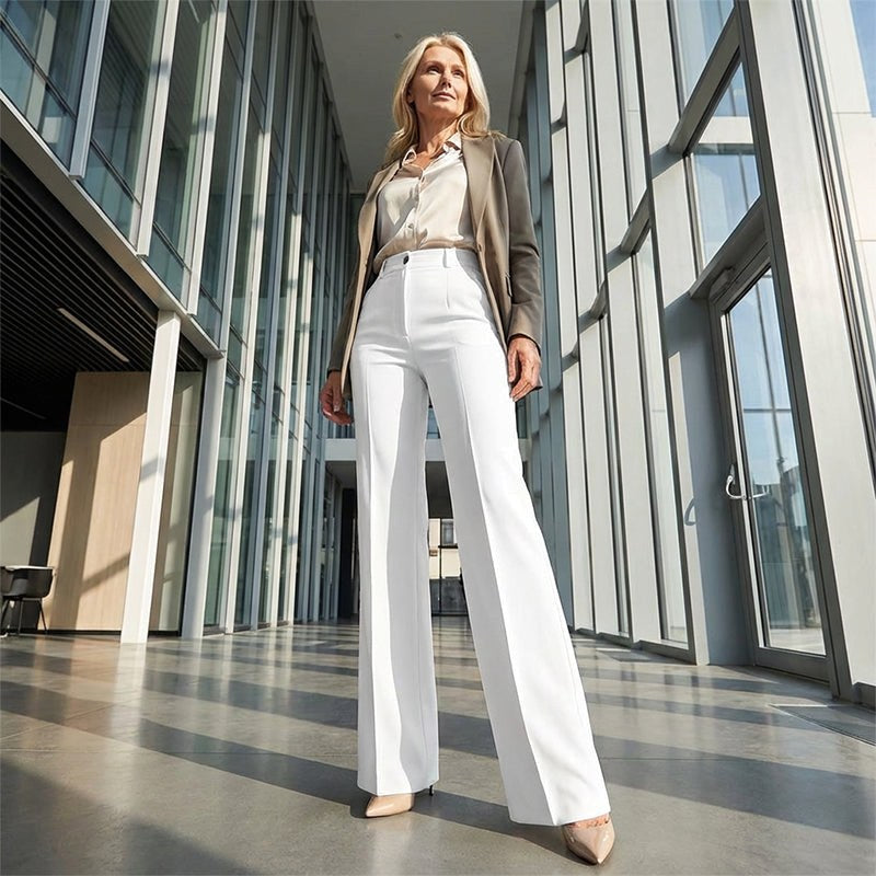 Wiktoria | Damskie szerokie spodnie z wysokim stanem, eleganckie dopasowane spodnie | Rokishi | Biały