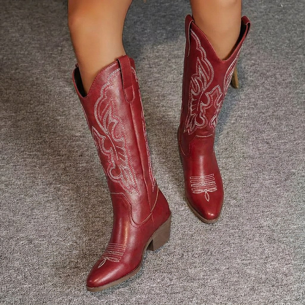 Laura | Damskie kozaki kowbojki za kolano z haftem, botki western na słupku | Rokishi | Beżowy
