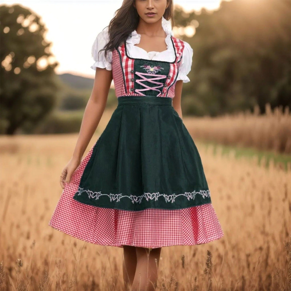 Kalina | Damski dirndl w kratę z krótkimi, bufiastymi rękawami, bawarska sukienka | Rokishi