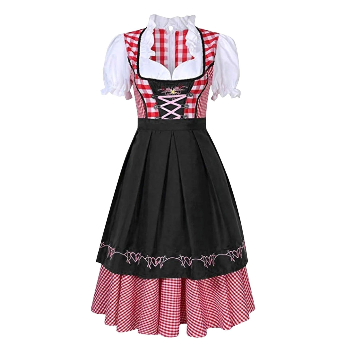 Kalina | Damski dirndl w kratę z krótkimi, bufiastymi rękawami, bawarska sukienka | Rokishi