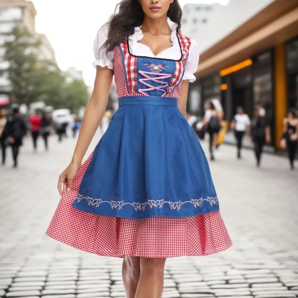 Kalina | Damski dirndl w kratę z krótkimi, bufiastymi rękawami, bawarska sukienka | Rokishi