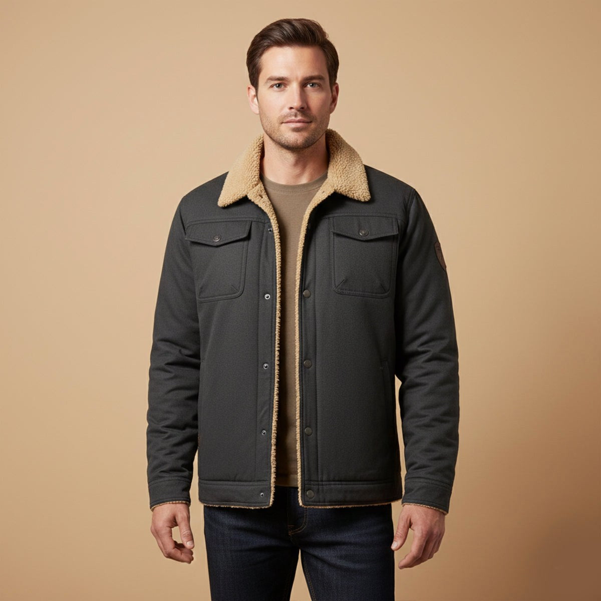 Filip | Męski płaszcz, z polarową podszewką, ciepły model | Rokishi | Khaki