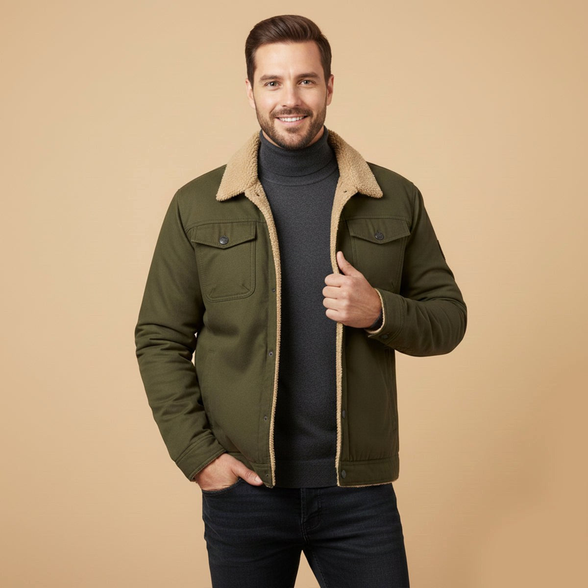 Filip | Męski płaszcz, z polarową podszewką, ciepły model | Rokishi | Khaki
