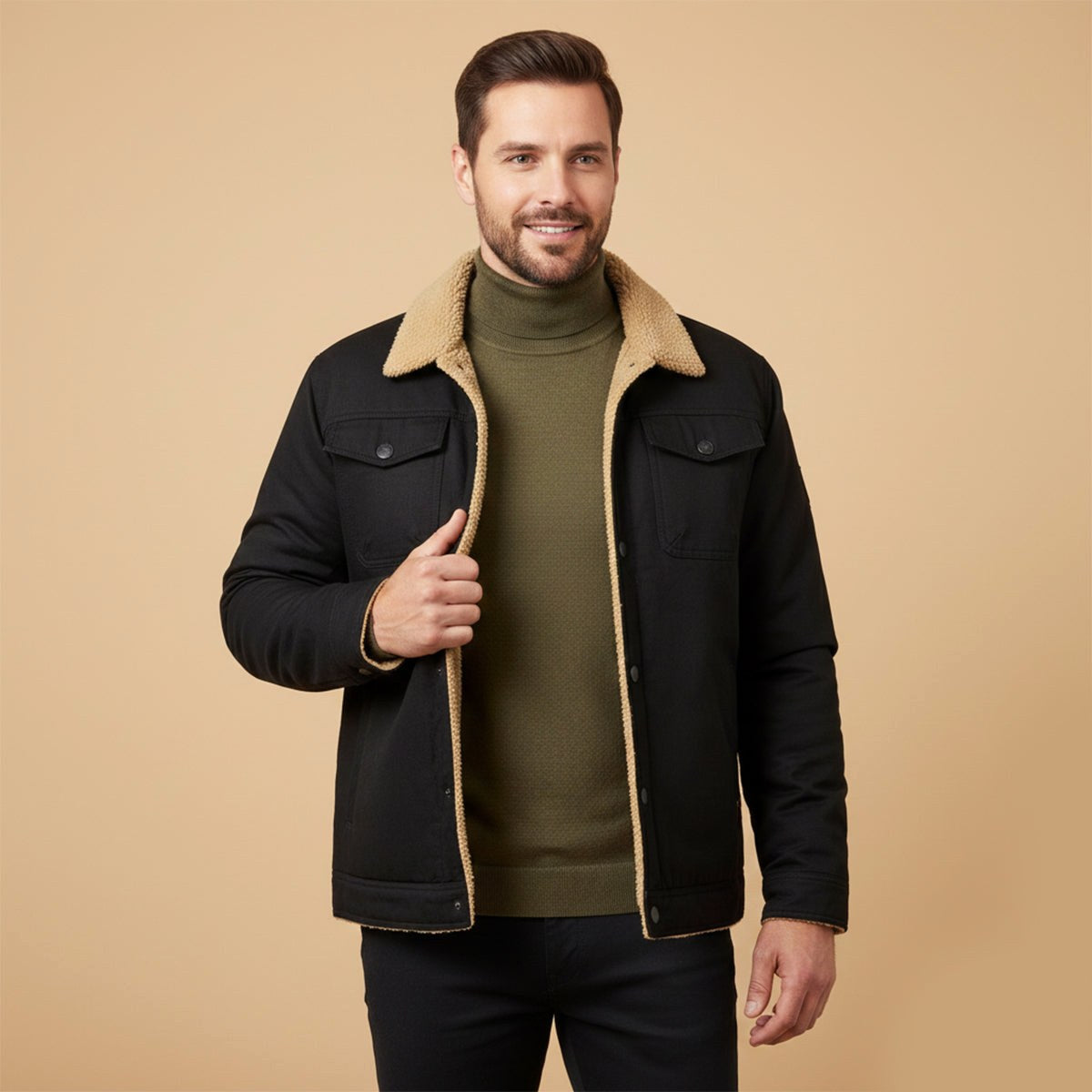 Filip | Męski płaszcz, z polarową podszewką, ciepły model | Rokishi | Czarny