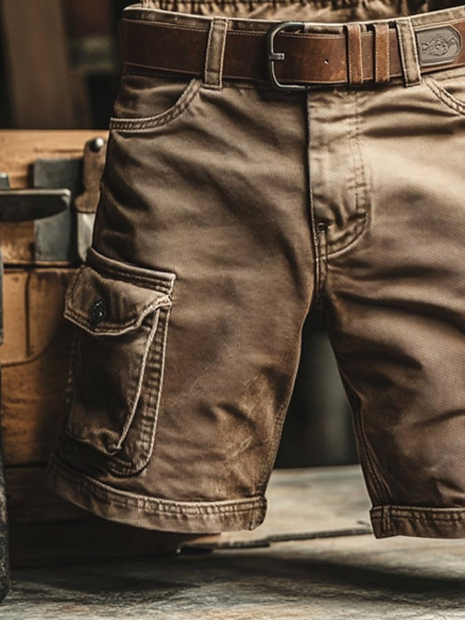 Leszek | Męskie szorty cargo w stylu vintage, luźno krojone szorty typu utility | Rokishi | Brązowy