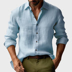 Jacek | Męska lniana koszula z kołnierzykiem button-down, casualowa koszula z długim rękawem | Rokishi | Żółty