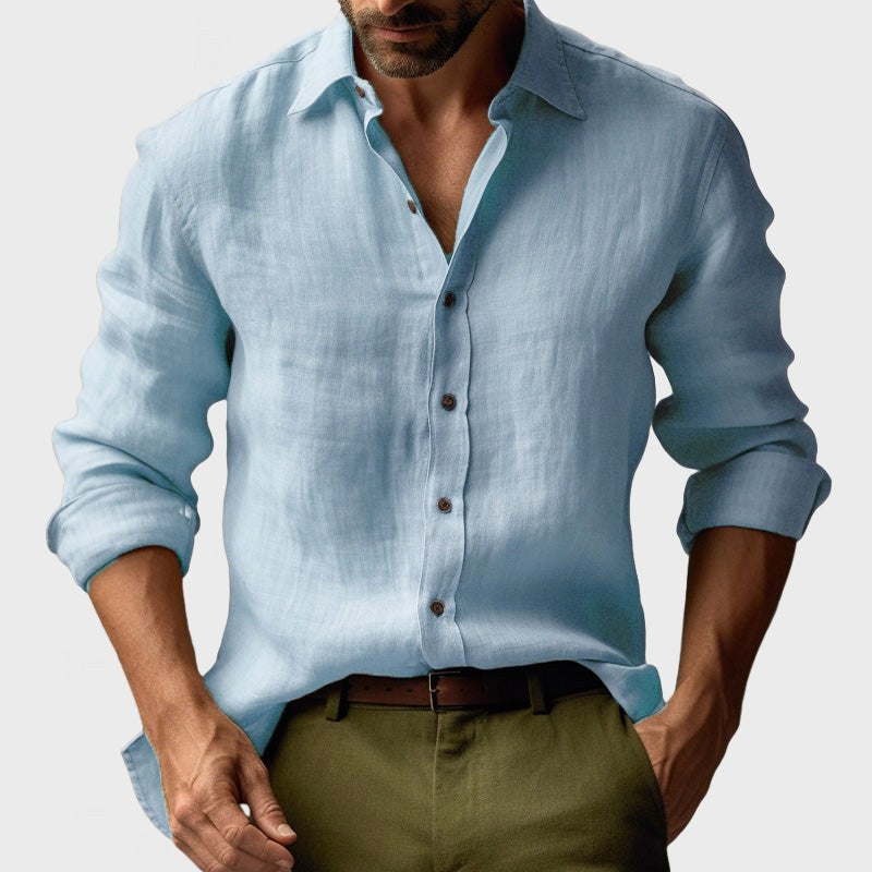 Jacek | Męska lniana koszula z kołnierzykiem button-down, casualowa koszula z długim rękawem | Rokishi | Żółty