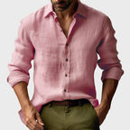 Jacek | Męska lniana koszula z kołnierzykiem button-down, casualowa koszula z długim rękawem | Rokishi | Żółty