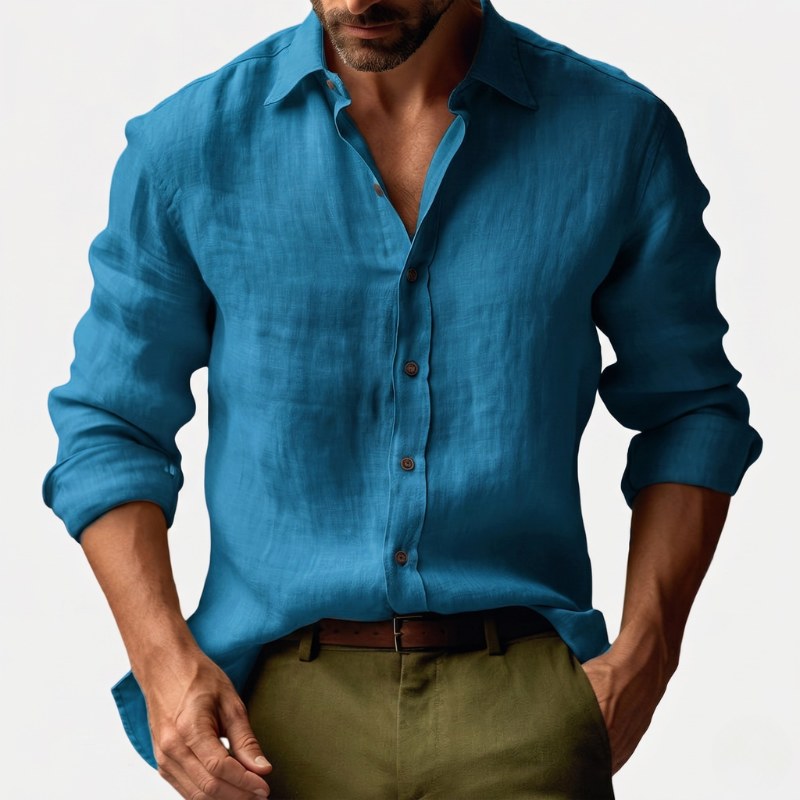 Jacek | Męska lniana koszula z kołnierzykiem button-down, casualowa koszula z długim rękawem | Rokishi | Żółty