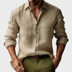 Jacek | Męska lniana koszula z kołnierzykiem button-down, casualowa koszula z długim rękawem | Rokishi | Żółty