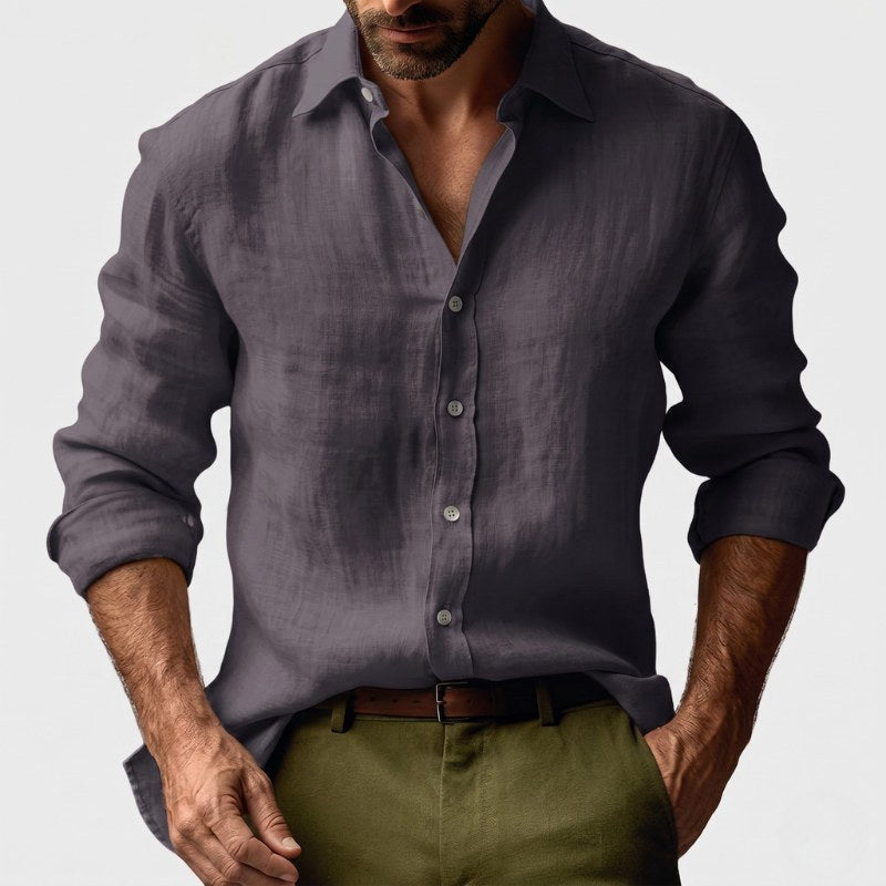 Jacek | Męska lniana koszula z kołnierzykiem button-down, casualowa koszula z długim rękawem | Rokishi | Jasnoniebieski