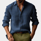 Jacek | Męska lniana koszula z kołnierzykiem button-down, casualowa koszula z długim rękawem | Rokishi | Jasnoniebieski