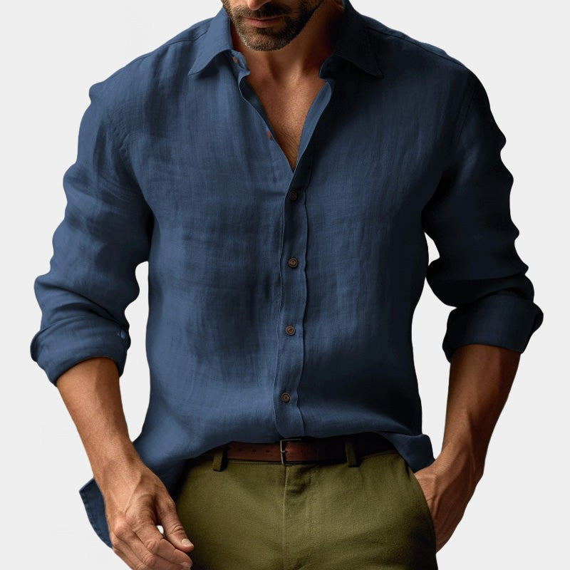 Jacek | Męska lniana koszula z kołnierzykiem button-down, casualowa koszula z długim rękawem | Rokishi | Jasnoniebieski