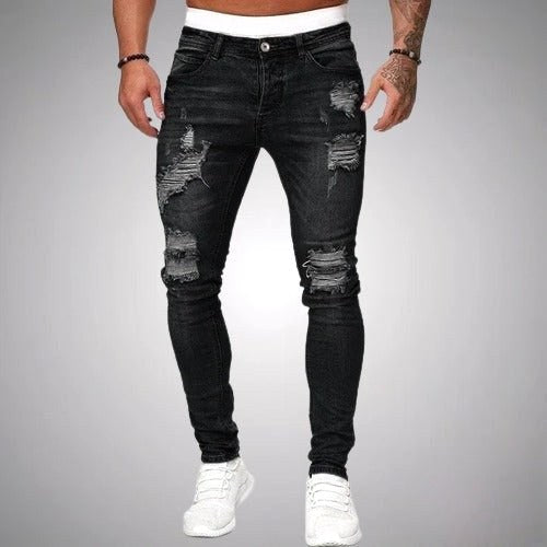 Oskar | Męskie jeansy skinny z przetarciami, jeansy w stylu destroyed ze średnim stanem | Rokishi | Czarny