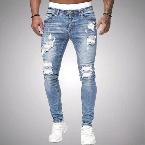 Oskar | Męskie jeansy skinny z przetarciami, jeansy w stylu destroyed ze średnim stanem | Rokishi | Czarny