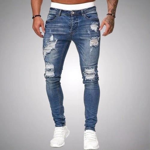 Oskar | Męskie jeansy skinny z przetarciami, jeansy w stylu destroyed ze średnim stanem | Rokishi | Czarny