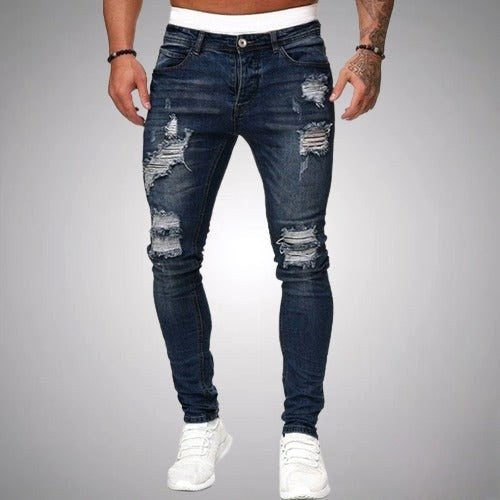 Oskar | Męskie jeansy skinny z przetarciami, jeansy w stylu destroyed ze średnim stanem | Rokishi | Czarny