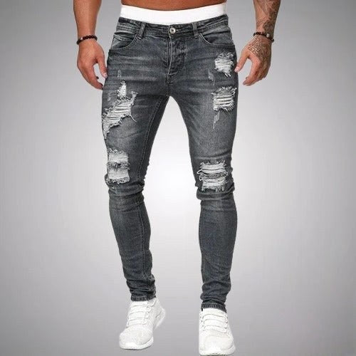 Oskar | Męskie jeansy skinny z przetarciami, jeansy w stylu destroyed ze średnim stanem | Rokishi | Czarny