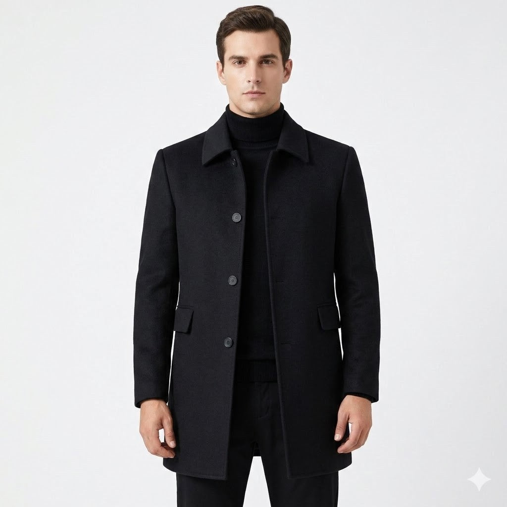 Marcin | Męski klasyczny płaszcz wełniany, elegancki dopasowany płaszcz | Rokishi | Czarny