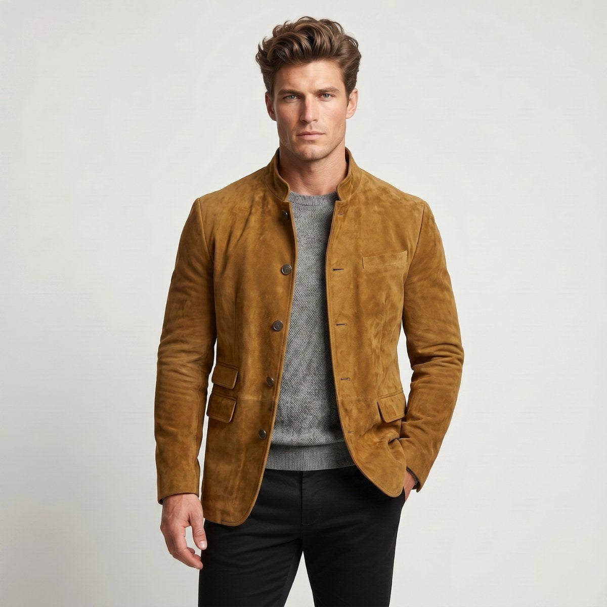 Igor | Męska marynarka, wykończenie w stylu skóry, wykończenie w stylu zamszu | Rokishi | Khaki