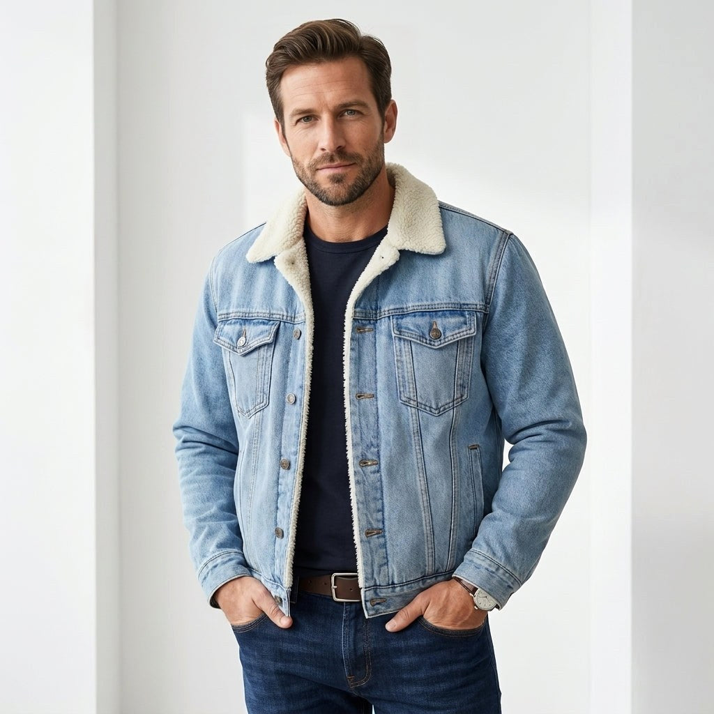 Antoni | Męska kurtka jeansowa w stylu trucker z podszewką z polaru, ciepła kurtka zimowa | Rokishi