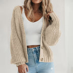 Maria | Damski oversize'owy kardigan z grubej dzianiny, dekolt w serek z bufiastymi rękawami | Rokishi | Khaki