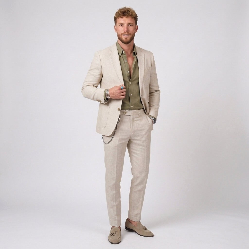 Mieszko | Męski garnitur lniany o kroju slim fit, zestaw dwuczęściowy | Rokishi