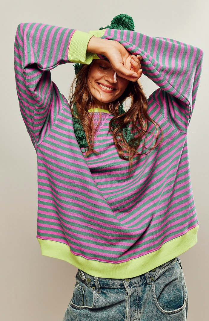 Lucyna | Damski pasiasty sweter oversize, swobodnie skrojony sweter z dzianiny | Rokishi | Zielony