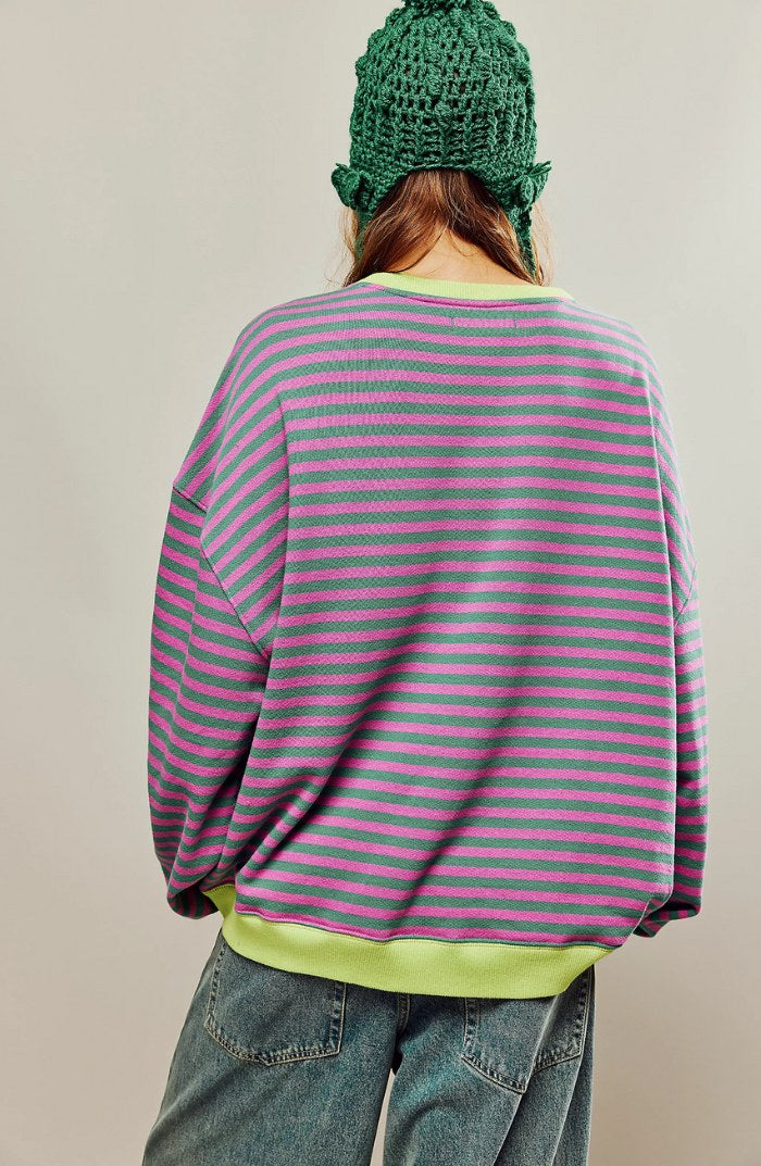 Lucyna | Damski pasiasty sweter oversize, swobodnie skrojony sweter z dzianiny | Rokishi | Zielony