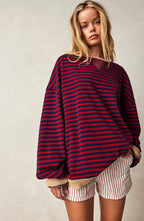 Lucyna | Damski pasiasty sweter oversize, swobodnie skrojony sweter z dzianiny | Rokishi | Niebieski