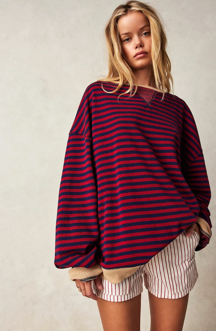 Lucyna | Damski pasiasty sweter oversize, swobodnie skrojony sweter z dzianiny | Rokishi | Niebieski