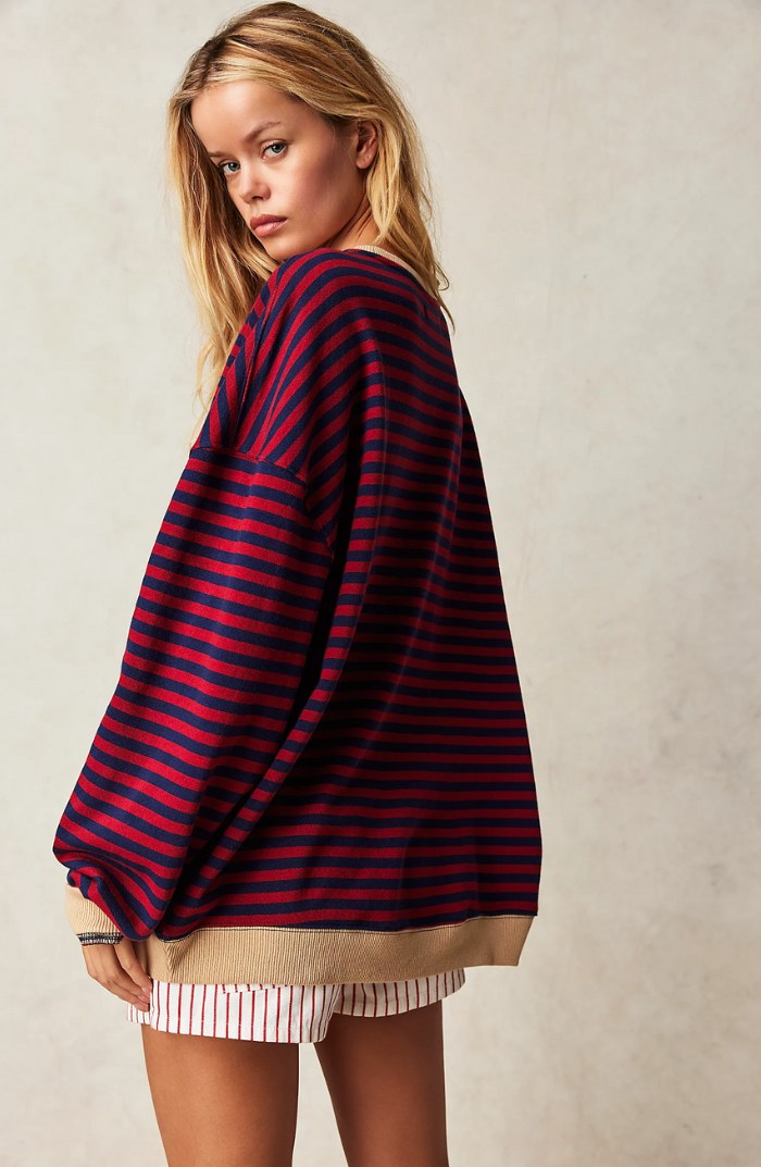 Lucyna | Damski pasiasty sweter oversize, swobodnie skrojony sweter z dzianiny | Rokishi | Niebieski