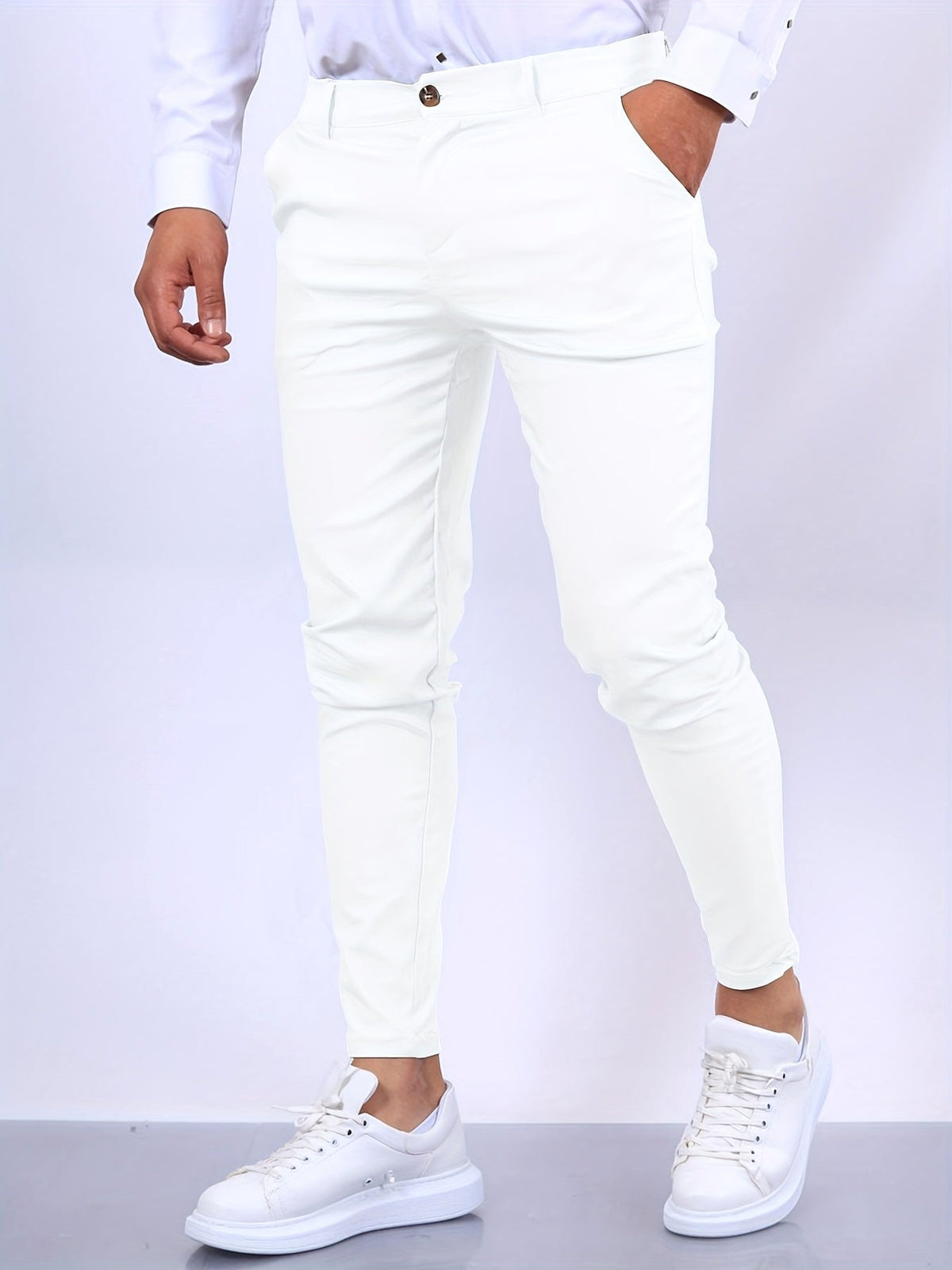 Stanisław | Męskie elastyczne chinosy o kroju skinny fit, nowoczesne, zwężane spodnie | Rokishi | Beżowy