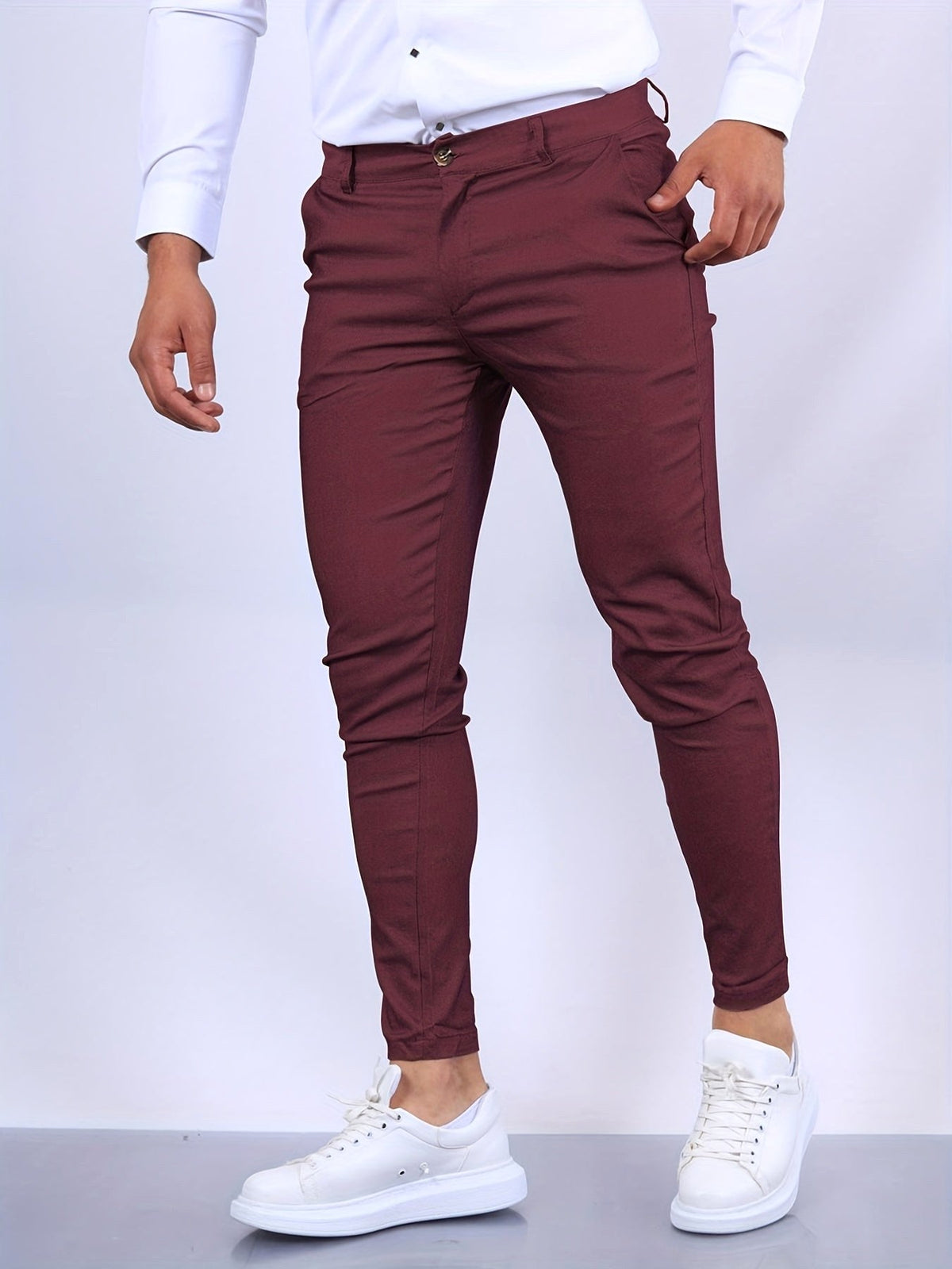 Stanisław | Męskie elastyczne chinosy o kroju skinny fit, nowoczesne, zwężane spodnie | Rokishi | Beżowy