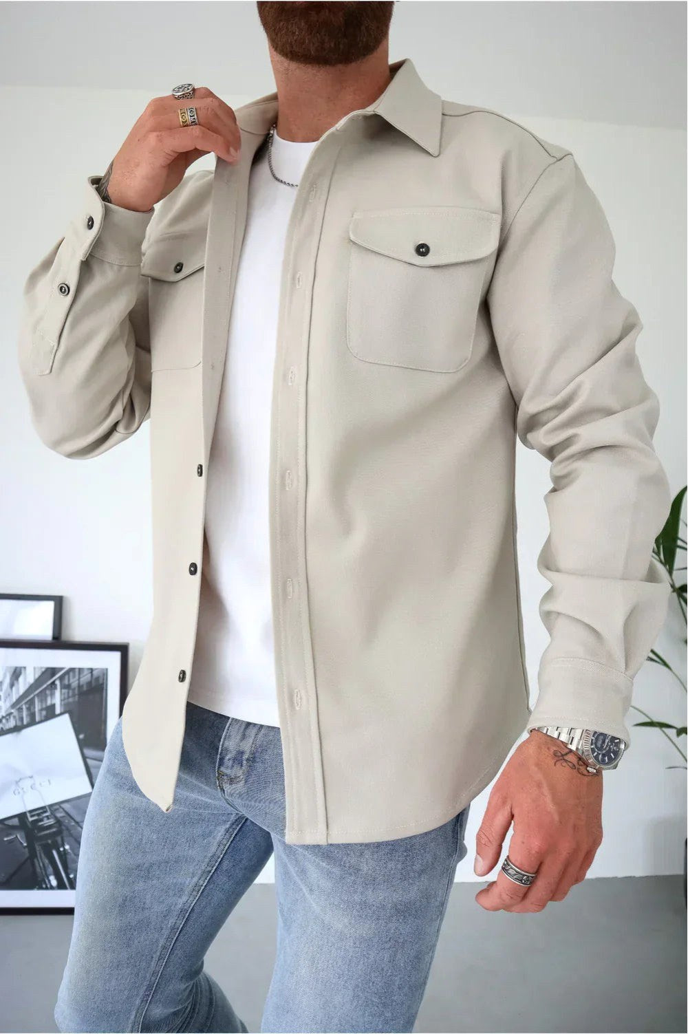 Karol | Męska koszulowa kurtka z długim rękawem i zapięciem na guziki, luźno skrojony overshirt | Rokishi | Czarny