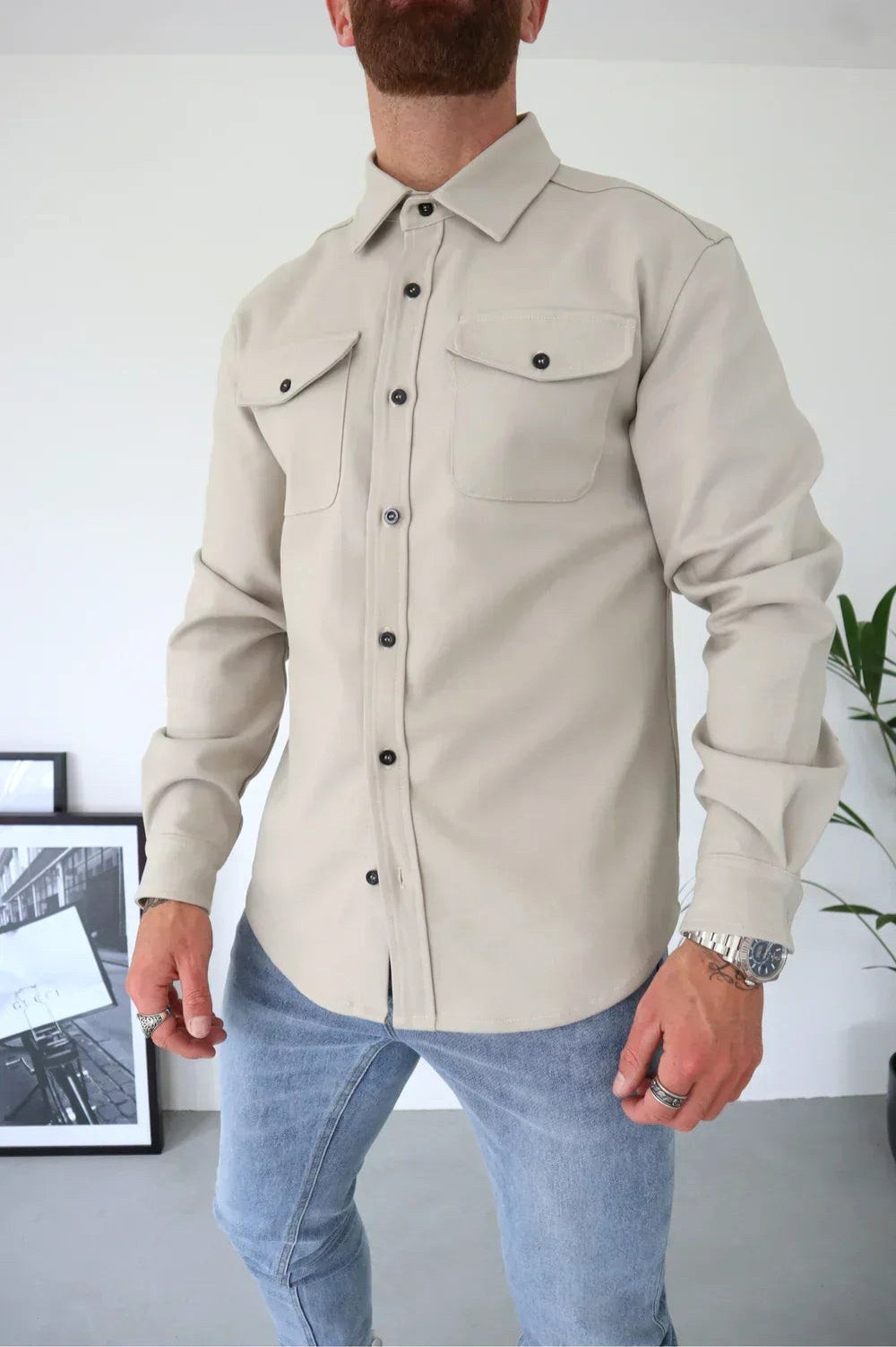 Karol | Męska koszulowa kurtka z długim rękawem i zapięciem na guziki, luźno skrojony overshirt | Rokishi | Czarny