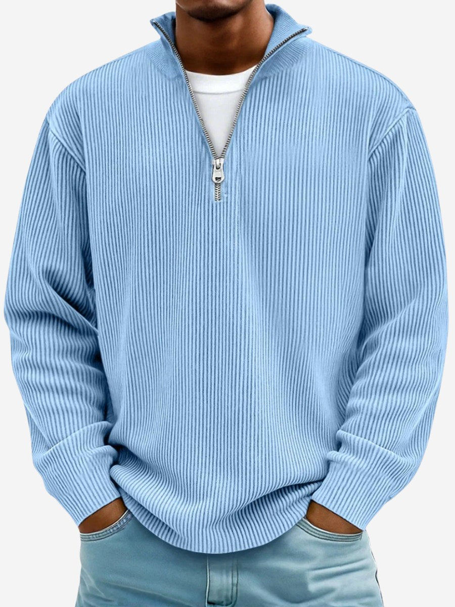 Oskar | Męska bluza z półzamkiem i prążkowaną fakturą, oversize'owa bluza | Rokishi | Niebieski